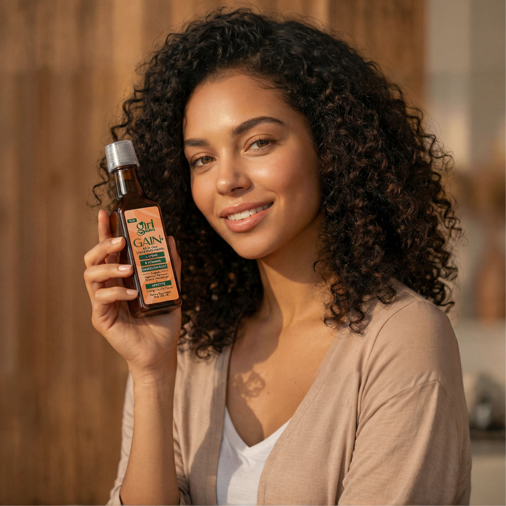 Woman holding a bottle of Gain MULTIVITAMIN product 