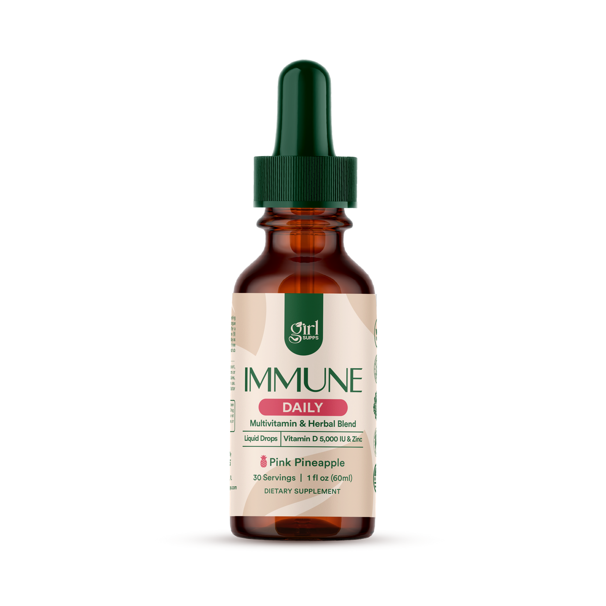 Bottle of 'Immune Daily' dietary supplement with a dropper on a white background