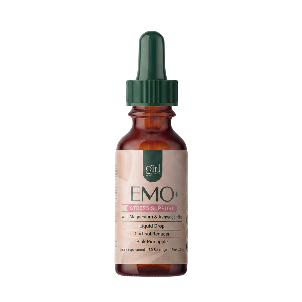 An amber glass dropper bottle of Girl in Charge EM0+ Stress Support liquid drop supplement with a green cap and beige label, shown on a plain white background