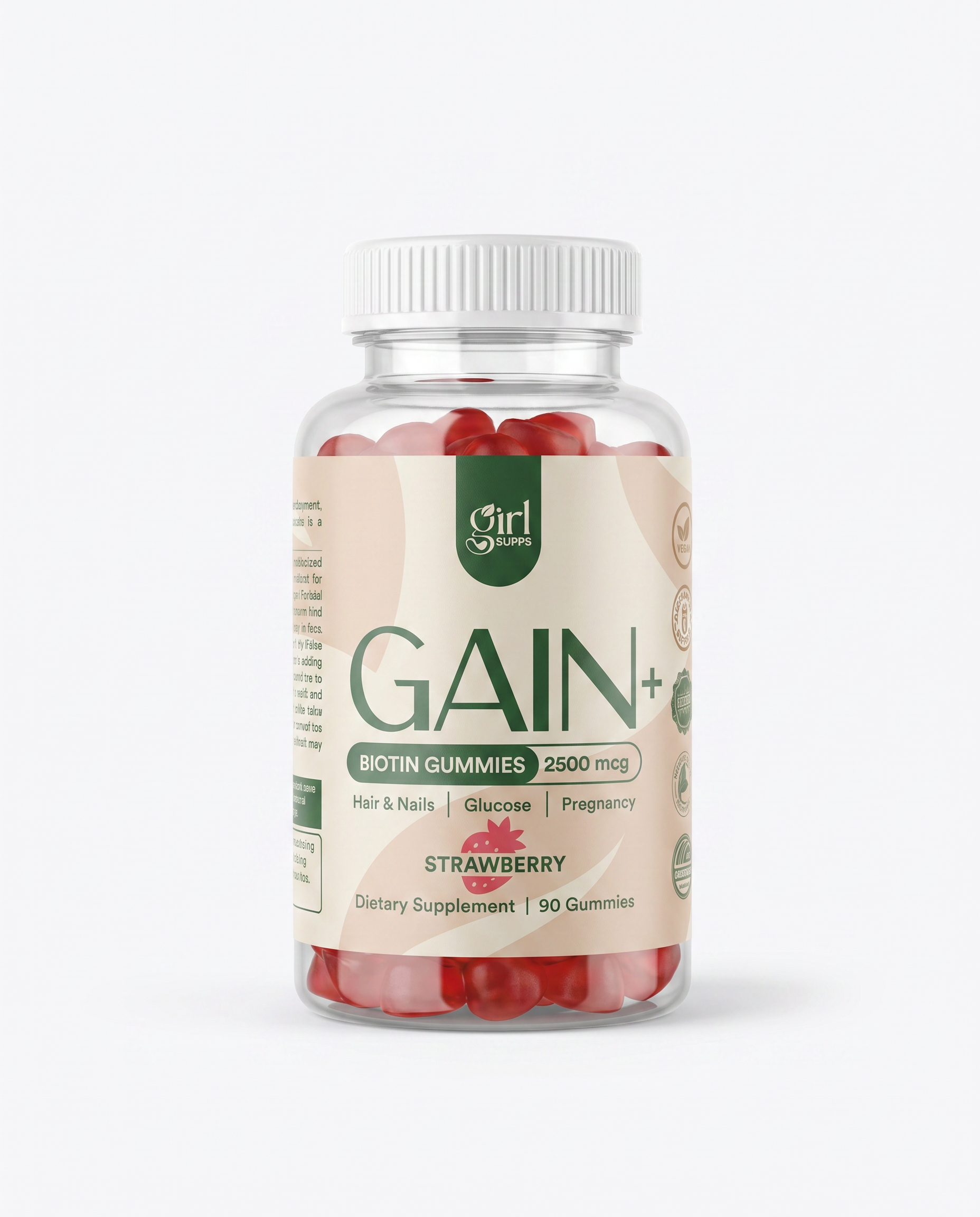 Bottle of Gain+ Biotin Gummies with a white background for hair growth