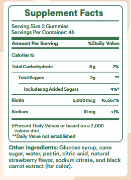 Supplement facts label for hair gummies with serving size, servings per container, and nutritional information.