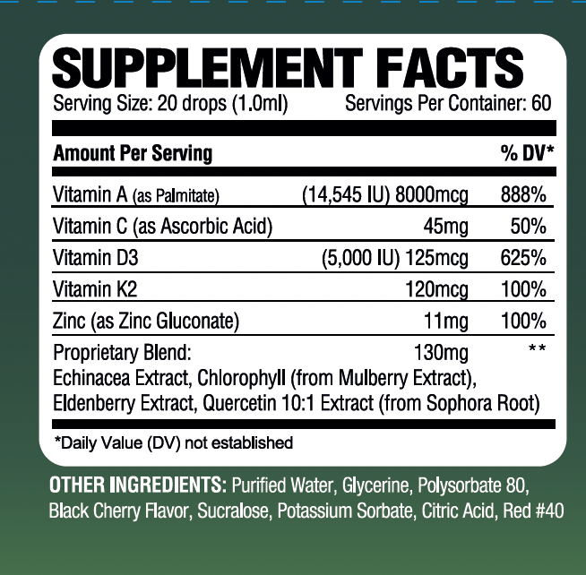 Supplement facts label with detailed nutritional information on a green background